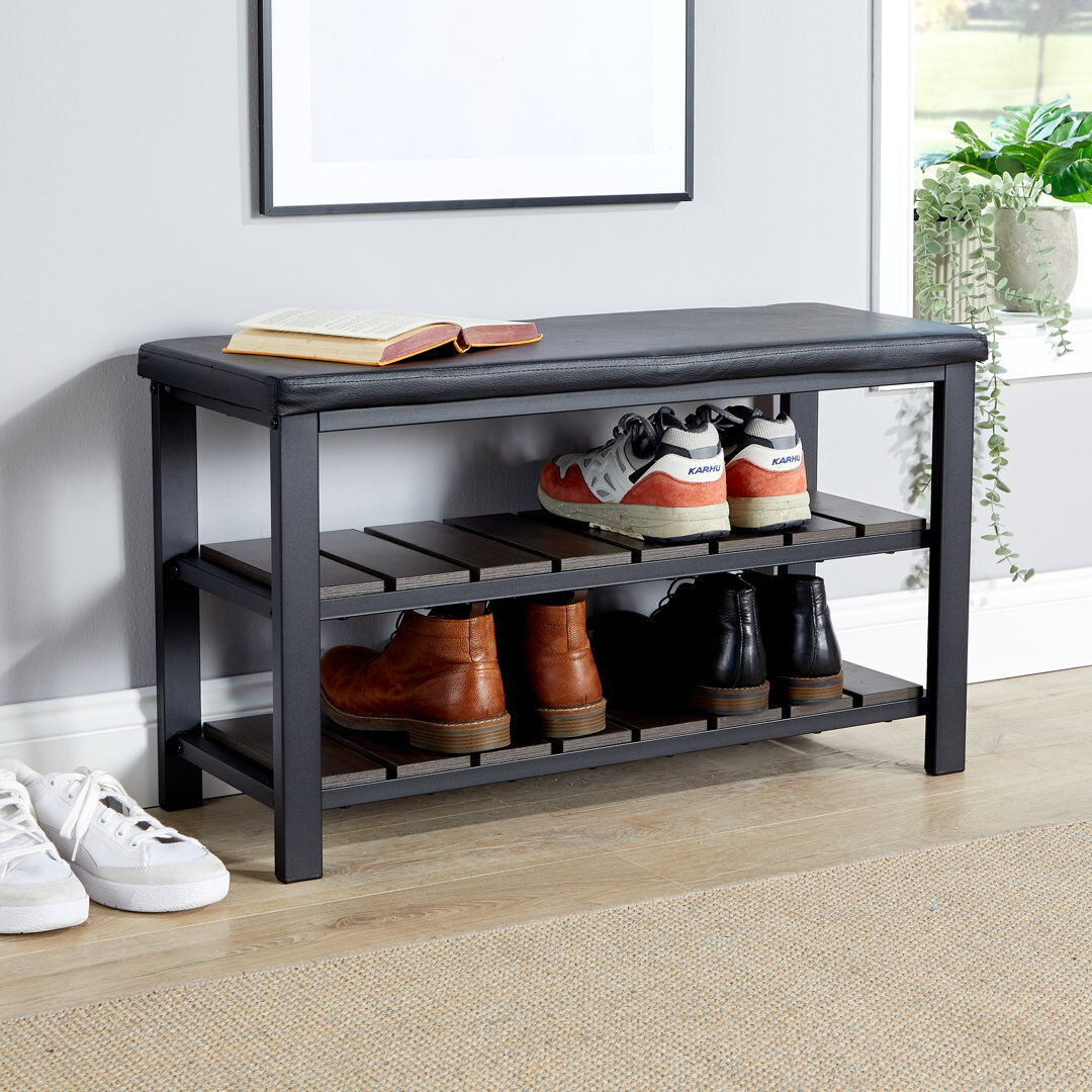 17 Stories Spalding 2 Shelf Black PU Hallway Shoe Storage Bench Black 8