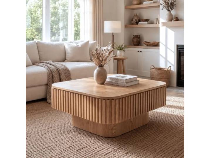 75 cm Moderner Quadratischer Couchtisch mit Stauraum, Holzoptik，Naturholz Moderner Sofatisch & Couchtisch quadratisch mit Fluted Design, abnehmbarem Deckel & verstecktem Stauraum für Wohnzimmer
