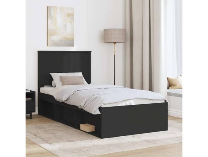 SKTQYQO Bettgestell mit Kopfteil, schwarz, 90 x 200 cm Technisches Holz, Massivkiefer, feste Latten, minimalistisches Design, Doppelzimmer