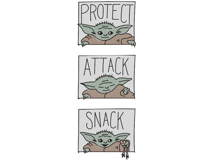 Bild KOMAR Mandalorian The Child Protect Attack Snack , bunt (farbe bild(er): bunt), B:30cm H:40cm, Holz, Papier, Bilder, Bild, Wandbild zur Dekoration im Kinderzimmer - ohne Rahmen