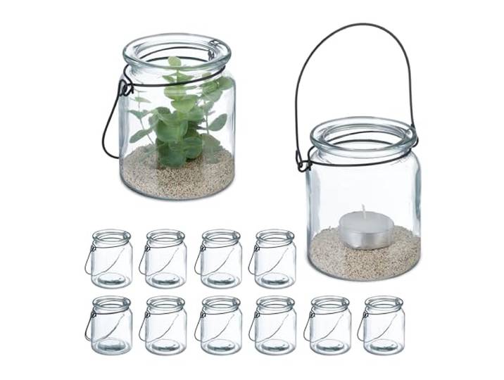 Relaxdays Photophore en Verre\, Lot de 12\, Porte-Bougie avec Anse Noire\, HxD : 9\,5x8 cm\, bougeoir Rond\, Transparent/Noir