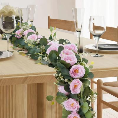 Evergreen Home Goods Lifelike Artificial Eucalyptus Vine Garland, With Fake Rose Flowers, Gypsophila, For Wedding, Party, Home Table Runner pink 1pc