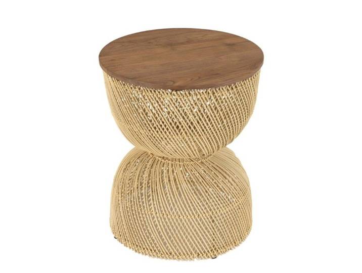 MACABANE SIXTINE - Table d'appoint en rotin beige plateau en bois teck recyclé