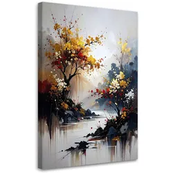 BILD auf Leinwand, Japanische Landschaft Bäume Berge beige