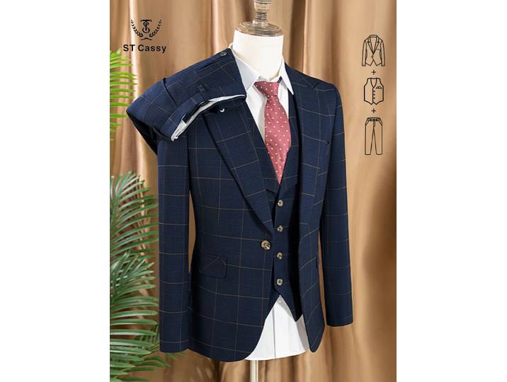 Ensemble de costume à carreaux 3 pièces de haute qualité, bleu foncé, élégant, pour le bureau, les mariages, les occasions formelles, tenue élégante pour homme, costume de dîner complet