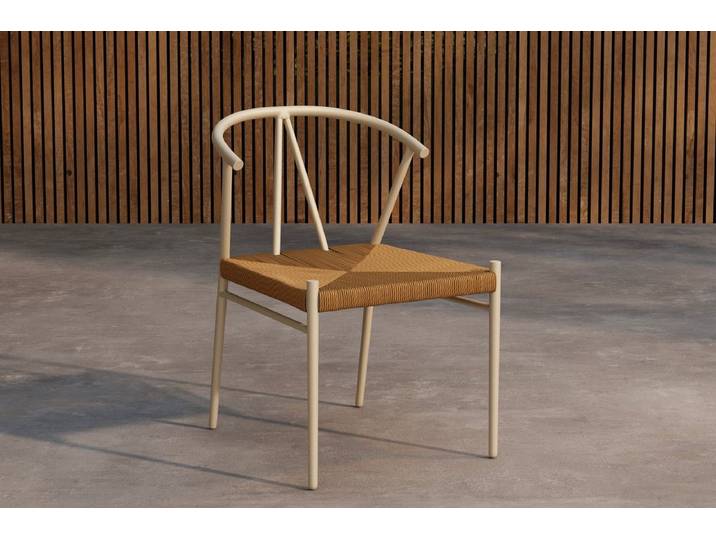 Gartenstuhl Cortina - Stahlgestell mit Rattan-Sitzfläche - Beige - Luxusbetten24
