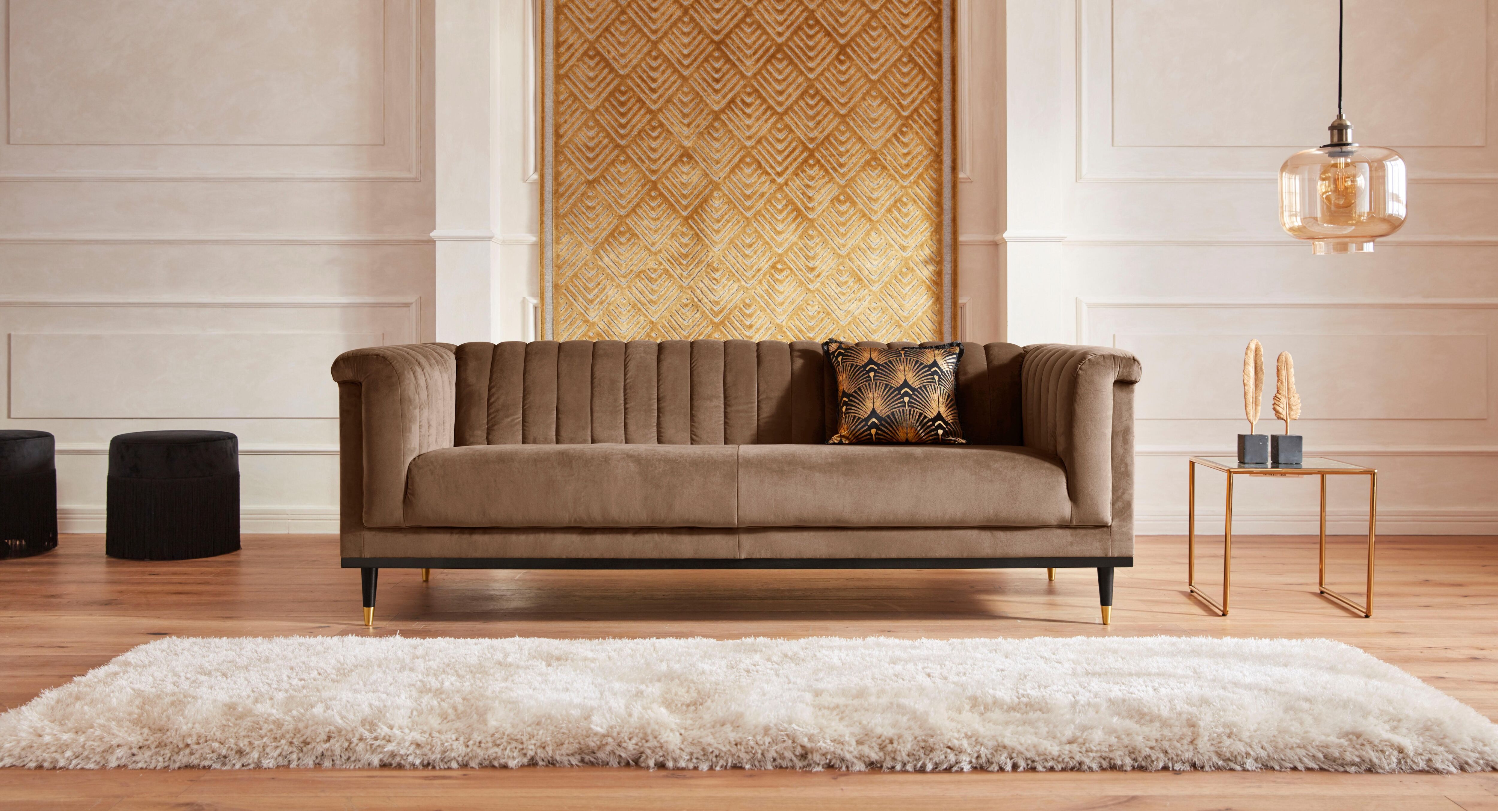 3-Sitzer HOME AFFAIRE "Chamby", braun (hellbraun), B:210cm H:71cm T:85cm, Luxus-Microfaser Lederoptik (100% Polyester), Scheuertouren: 40.000, Pilling: 4;Samtoptik (100% Polyester), Scheuertouren >100.000, Pilling: 5, Sofas, 3-Sitzer, mit Holzrahmen unten