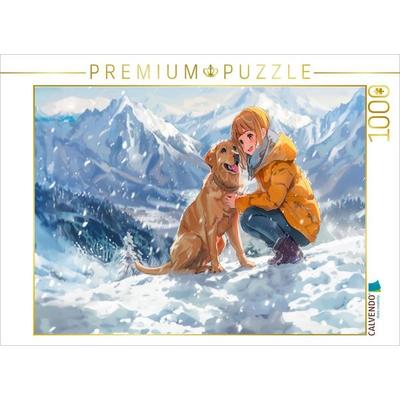 CALVENDO Puzzle Anime-Mädchen auf einer Winterwanderung in den Bergen mit Hund. | 1000 Teile Lege-Größe 64x48cm Foto-Puzzle für glückliche Stunden