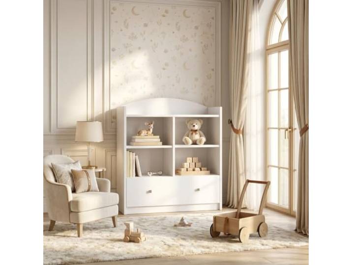 Happy Babies Niedriges Kinderregal Weiß mit schönem Aufdruck, Standregal für Bücher und Spielzeug, Aufbewahrungsregal Kinderzimmer Bedruckt