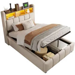 Polsterbett 90x200 mit LED-Beleuchtung und Stauraum – Elegantes Design mit hydraulischem Stauraum-System und USB-Anschlüssen, Beige