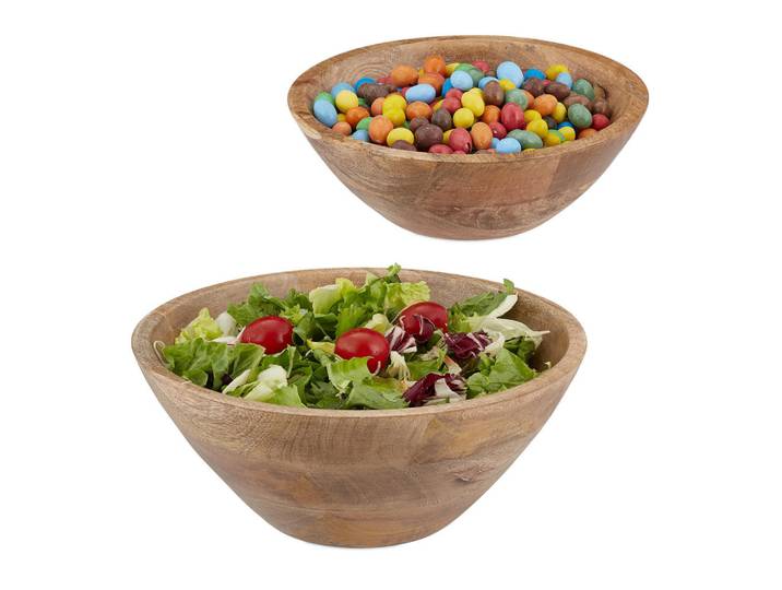 Relaxdays Salatschüssel Braun 2er-Set Mangoholz 29 cm, Holz, Kunststoff, 29x12x29 cm, Geschirr, Schalen & Schüsseln, Salatschüsseln
