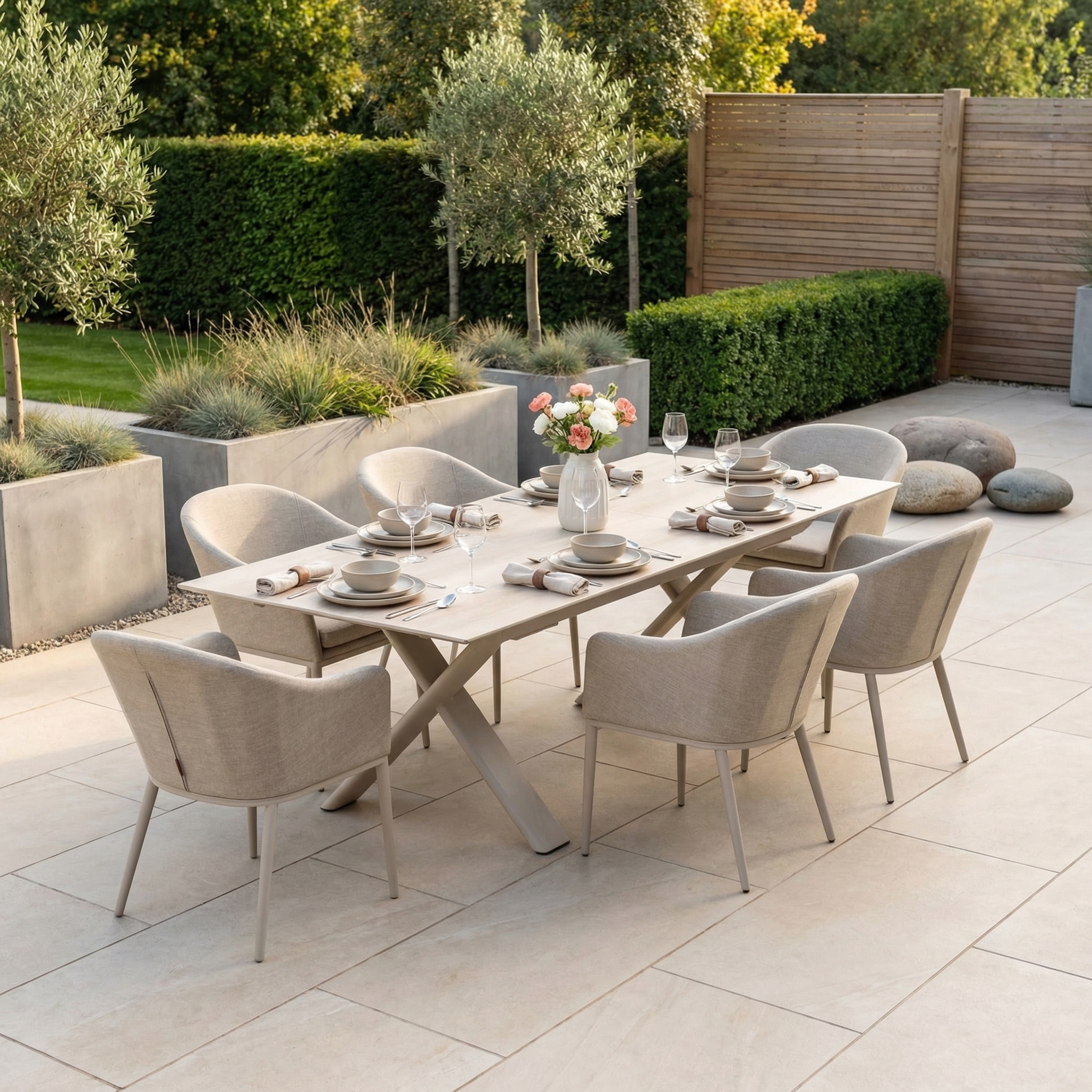 Harbour Lifestyle Luna 6 Seat Outdoor Fabric Dining Set with Albatross Extending Table in Fawn