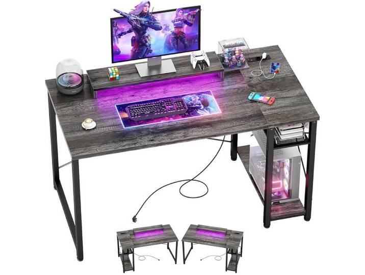 Bureau gaming 100x50x75 cm LED RGB intégrées 2 prises USB plateau réversible chêne gris rangement setup PC gamer télétravail