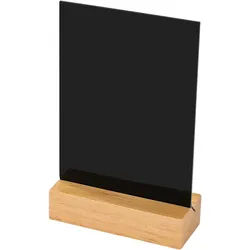 HMF Acryl Tischaufsteller im DIN A6 Hochformat mit massivem Holzfuß aus Eiche, abwischbare Tafel zum Beschriften, T-Aufsteller, Schwarz