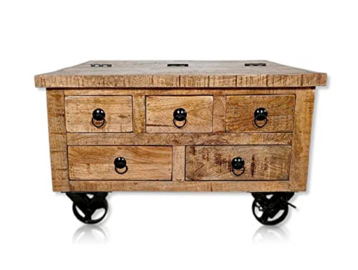 DARO DEKO Holz Couchtisch eckig braun 70 x 40cm mit Rollen, Schubladen und Stauraum Wohnzimmertisch Sofatisch