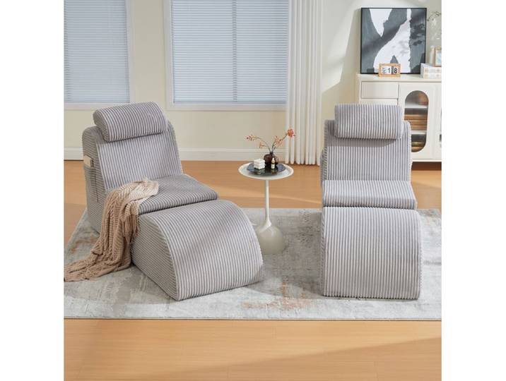 Fauteuil de loisirs moderne AESVAR 1 place en corduroy gris clair avec coussin amovible et poche latérale