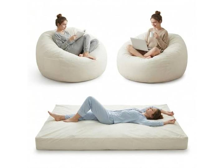 Sitzsack cremeweiß mit Memory Foam, XXL Lounge Sessel aus Velours 4-in-1 verstellbar, zum Sitzen, Liegen und Entspannen, weicher Veloursstoff, behält auch bei langem Gebrauch seine Form