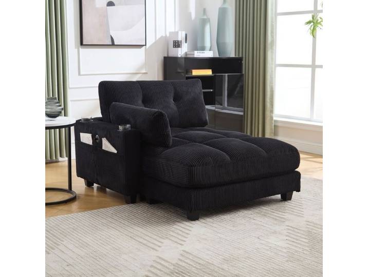 Bladez - Fauteuil Lounge XXL en Velours Côtelé Méridienne 1 Place avec 3 Porte-Gobelets Port USB et Poche - Noir