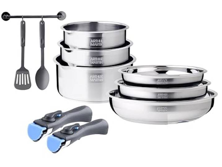 Arthur Martin, 10-teiliges Küchenset aus Edelstahl – 3 Bratpfannen (20–22–26 cm) und 3 Töpfe (16–18–20 cm) + Utensilien, ergonomische Griffe, alle Induktionsheizungen, Innenskalierung