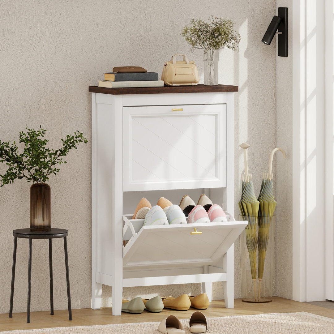17 Stories HOMCOM Shoe Cabinet with 2 Flip Drawers, Shoe Rack with Adjustable Shelves, White White, Brown, Gold 12