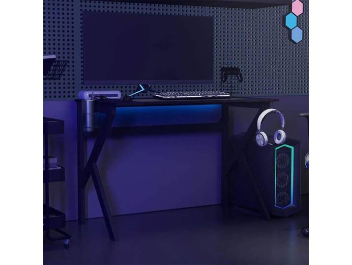 Bureau gaming - - Noir - 110x60x75 cm - bois d'ingénierie + métal - Support casque - Porte-gobelet - Support manettes 1402