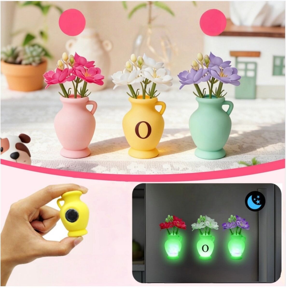 INF Aimants mini vases en silicone multicolores DIY – Ensemble de 3 vases magnétiques avec fleurs artificielles