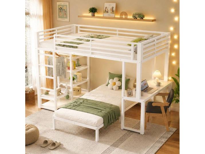 Lit mezzanine 90 x 200 cm 2 places avec bureau 4 étagères rangement vêtements USB/Type-C blanc