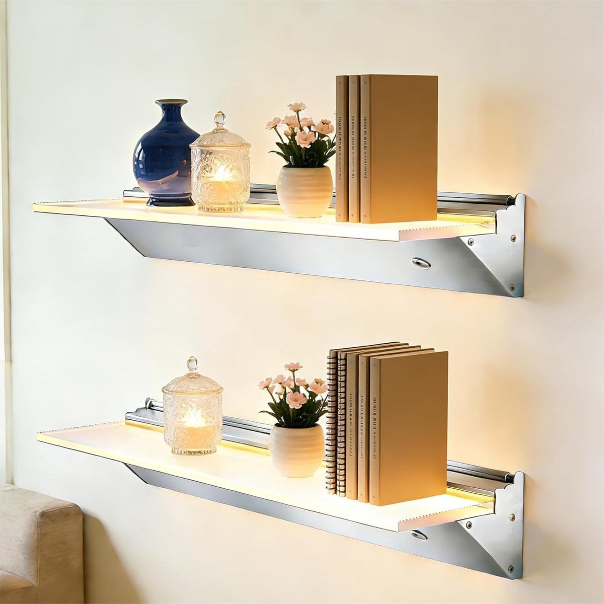 Zwevende wandplanken met geïntegreerde LED-verlichting, Wit