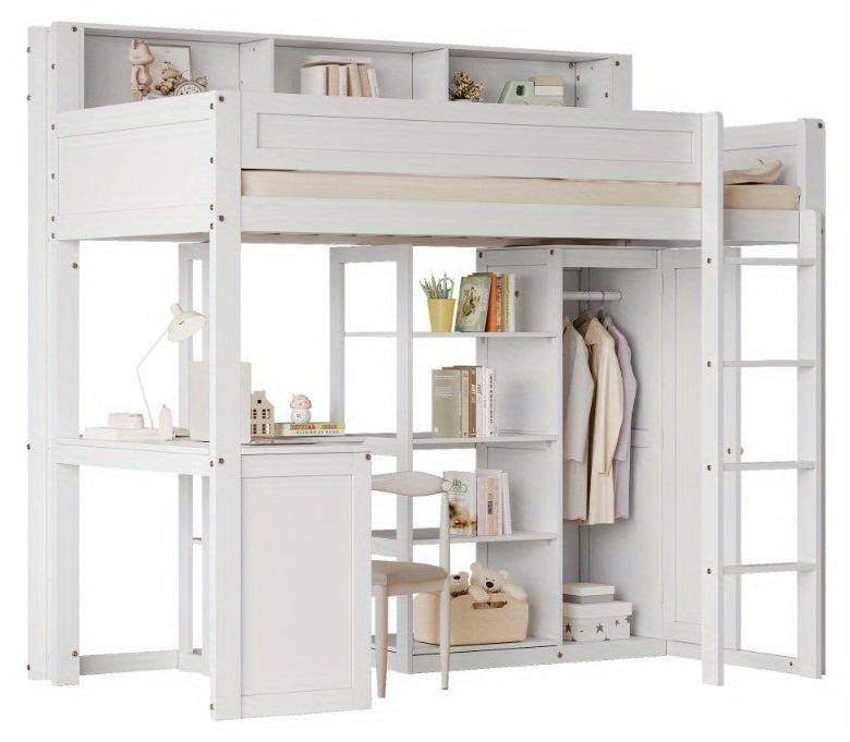 Etagenbett 90x200 cm - Stockbett mit integriertem Schreibtisch und Kleiderschrank - Weißes Kinderbett aus Holz