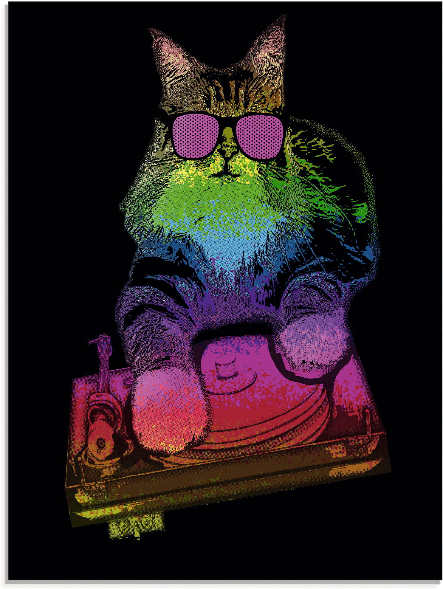 Glasbild ARTLAND "Witzige DJ Katze Party Musik", bunt (farbe bild(er): bunt), B:45cm H:60cm, Bilder, Glasbild, in verschiedenen Grössen farbe bild(er): bunt B/H/T: 45cm x 60cm, Glasbild Humor Hochformat, 1 Stk.
