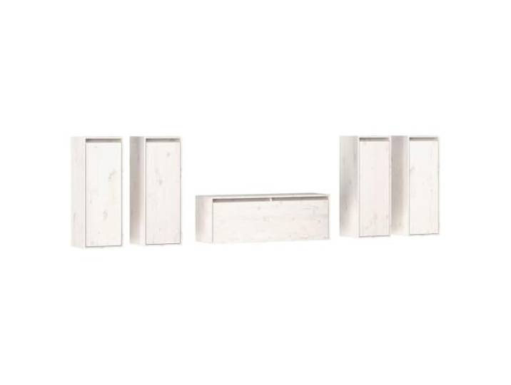 LKJephalotrope TV-Schrank Set 5-teilig Weiß Massivholz Kiefer Hängeschrank Wandmontierte Schweberegale aus Echtholz schaffen eleganten Stauraum im Wohnzimmer oder Schlafzimmer.