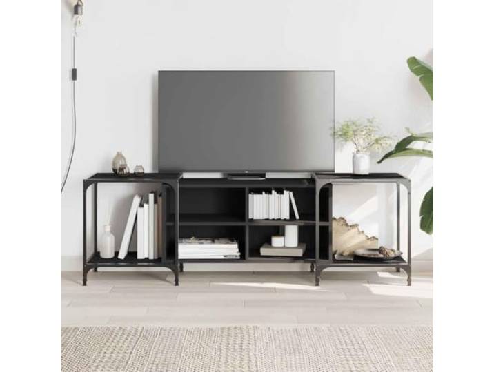 HEFZGDB TV-Schrank Schwarz 153x37x50 cm Holzwerkstoff mit Metallrahmen, verstellbare Breite und Beine, viel Stauraum Ablagen, langlebiges Material für Wohnzimmer Einrichtung