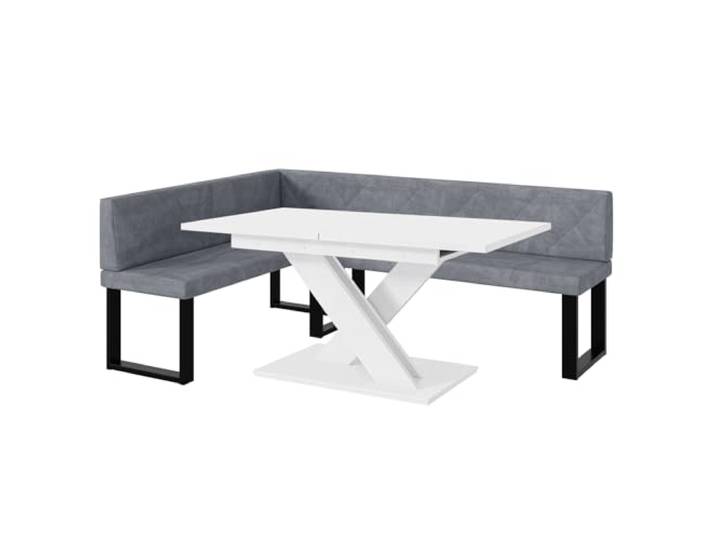 MEBLINI Eckbank für Esszimmer mit ausziehbarem Tisch - Küchenbank - Essecke - Sitzecke Küche - ERIC - U-Beine 142x196x87cm Links - Grau Samt/B Weiß Matt