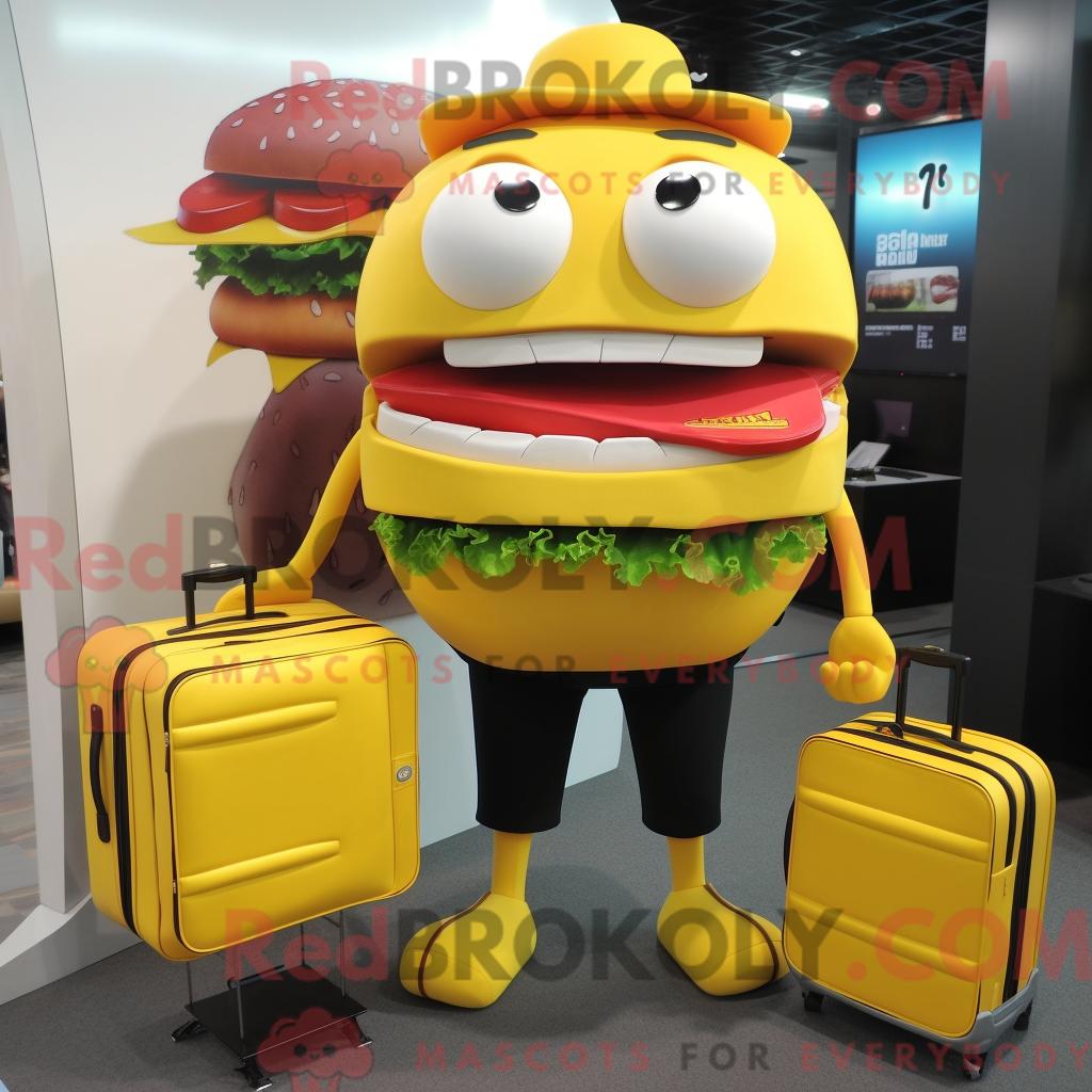 Maskottchen REDBROKOLY eines gelben Burgers mit Shorts und Aktentasche