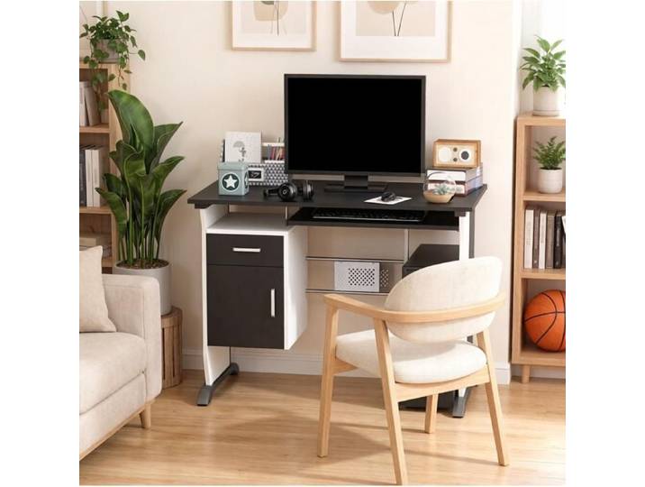 WOVREO Bureau informatique droit 100 x 52 x 75 cm avec tablette clavier tiroir et placard