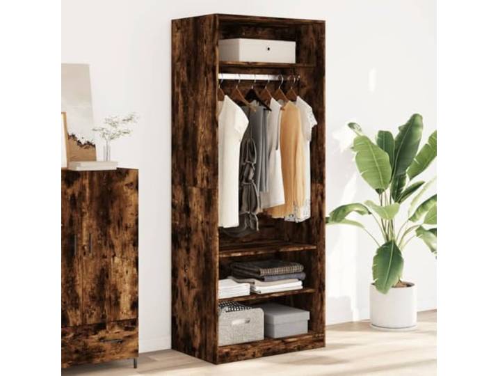 Kleiderschrank Räuchereiche 80x50x200 cm aus Holzwerkstoff Offene Garderobe, Fächer und Kleiderstange, kompaktes Design, Wandhalterung inklusive, Schlafzimmer