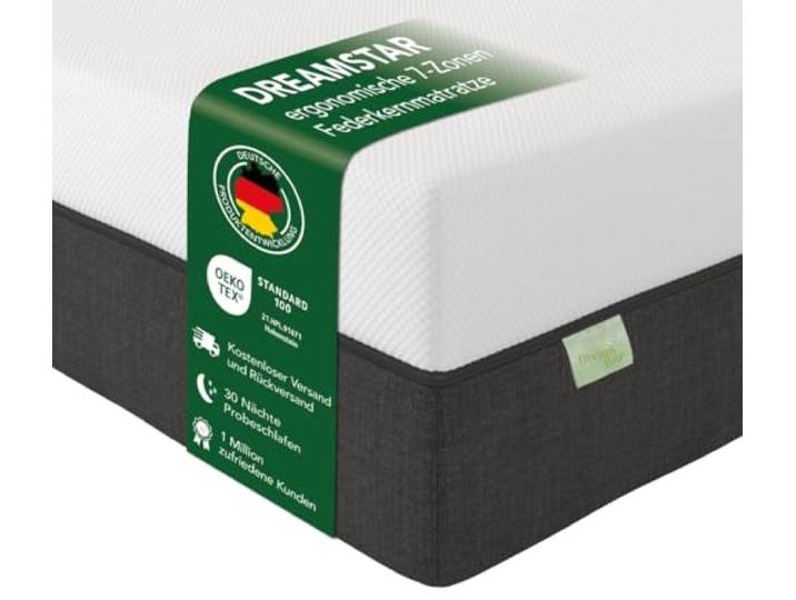 DREAMSTAR Premium 1000er Taschenfederkernmatratze I ergonomische 7-Zonen Tonnentaschenfederkernmatratze I Höhe 22 cm I Härtegrad 2 (H2) 0-80 kg I 100 x 200 cm