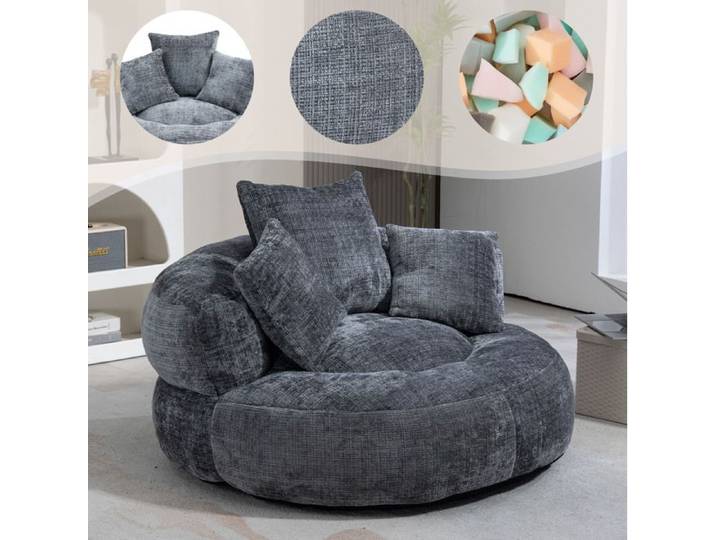 ROVRYN Fauteuil lounge compressé en chenille grise dossier haut accoudoirs et 3 coussins 108 x 108 x 52 cm