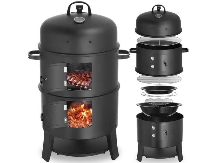 Barbecue À Fumoir\, 3 En 1\, Ø 41 Cm\, 2 Grilles\, Thermometre\, Noir
