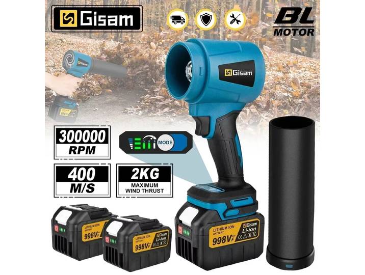 Souffleur Électrique Sans Balais Gisam 400M/s, Ventilateur Jet 300000RPM, Souffleur Turbo Portatif pour Feuilles et Poussière, Compatible Batteries Makita 18V