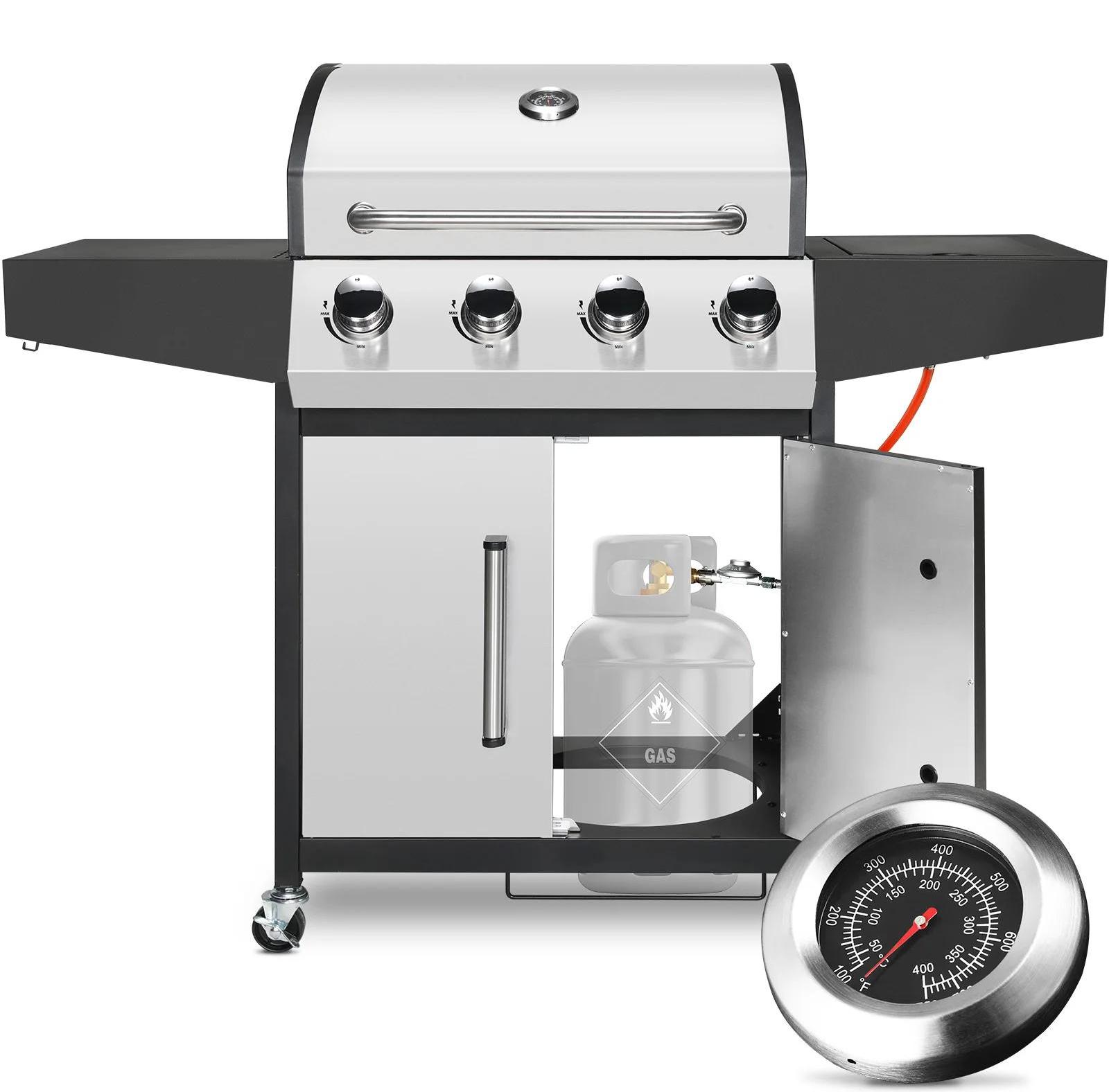 Gasgrill für Erdgas - 4+1 Brenner Grillwagen - 4x2,93 kW Hauptbrenner - 2,33 kW Seitenbrenner - Große Grillfläche Außenbereich - Edelstahl - Silber
