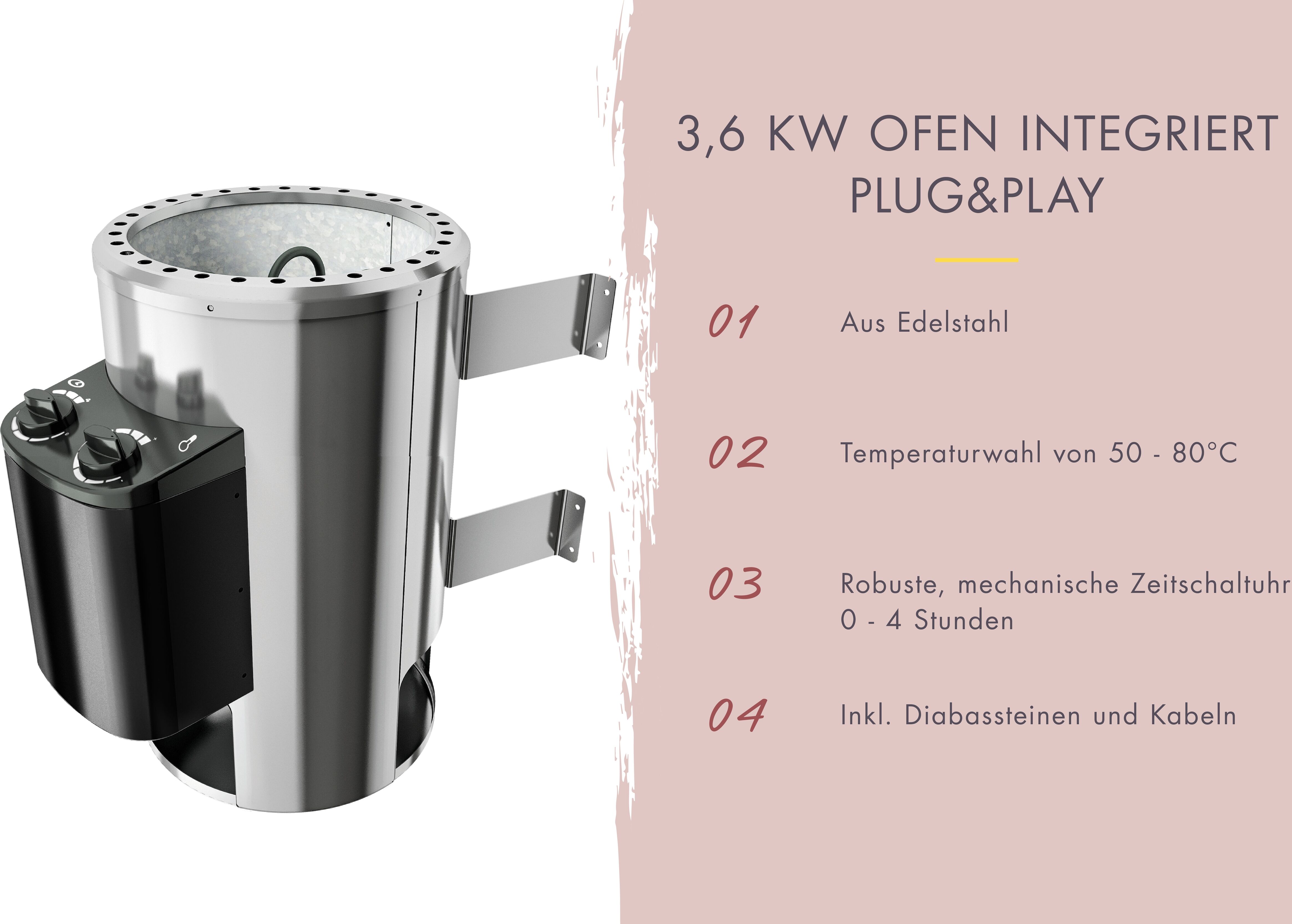 Sauna KARIBU "Swantje", beige (naturbelassen), Saunaofen, integrierte Steuerung, 3,6 kW, Saunen, Ofen 3,6 kW intgr. Strg