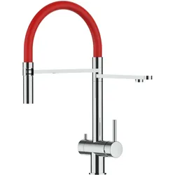 Kurzversion 45CM - 3 Wege Wasserhahn Küchenarmatur, Edelstahl Massiv mit 360° schwenkbarem Auslauf, abnehmbare 2 strahl Handbrause, Hochglanz / Rot