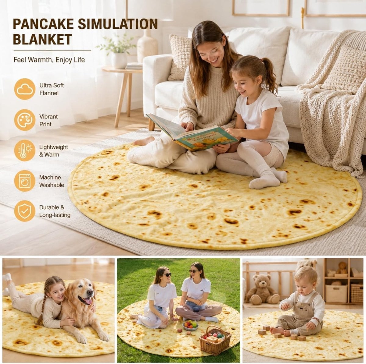 Thijox Grappige Tortilla Deken - Ronde Burrito Knuffeldeken van Flanel met Taco Patroon - 120 x 150 cm