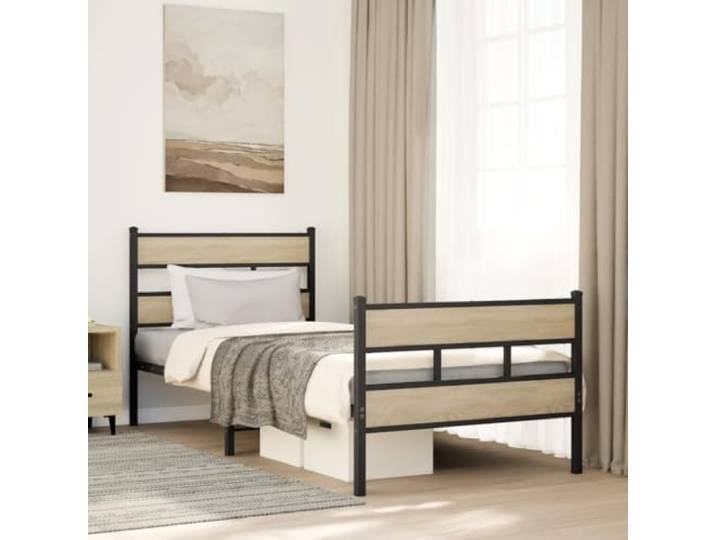 RJPLMFV Bettgestell aus Metall, Sonoma-Eiche, 107 x 203 cm Mit Kopfteil, Stauraum unten, Lattenrost inklusive, robust und langlebig