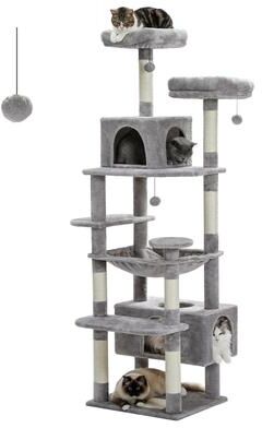 PetsAreLife Indoor Cat Tower, Large Cat Tree With Sisal Scratching Posts, Spacious Hammock, Padded Perches And Multi Level Condos grey 184cm