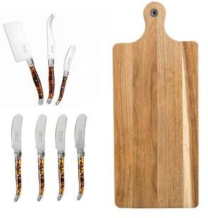 French Home 8-Piece Laguiole Tortoise Shell Cheese Knife and Spreader Set with Wood Board