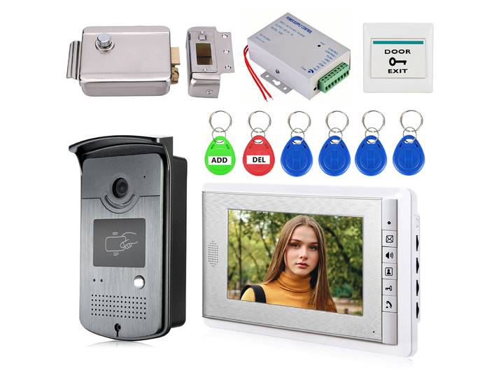 Kits de sonnette vidéo 7 pouces, système d'interphone vidéo, serrure électrique + alimentation + sortie de porte + porte-clés d'identification pour maison et villa