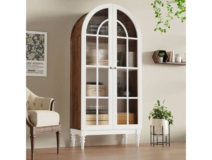 Buffet Vitrine en avec Dôme Arrondi - Armoire Exposition 2 Portes Verre -Meuble de Rangement pour Salon Chambre-noyer+blanc