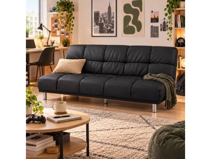 SENHO Mellow Schlafsofa, 3-Sitzer, für Schlafsofa, Größe 120 x 191 cm, schwarzes PU-Finish und Füße aus Edelstahl, Chrom-Finish